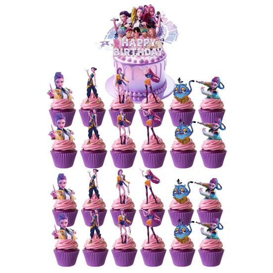 Birthday Party Decor Kit Themed Banner Cake Toppers & Spiral Balloons for K-POP Music Dance Theme Celebration Pink Girls Party Supplies