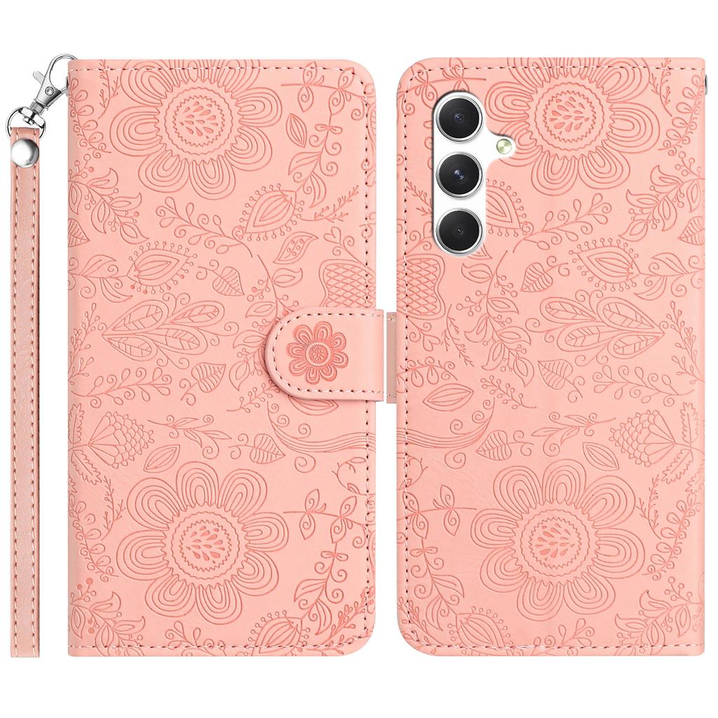For Samsung Galaxy S25+ Case Flower Imprint Leather Flip Wallet Phone Cover with Wrist Strap