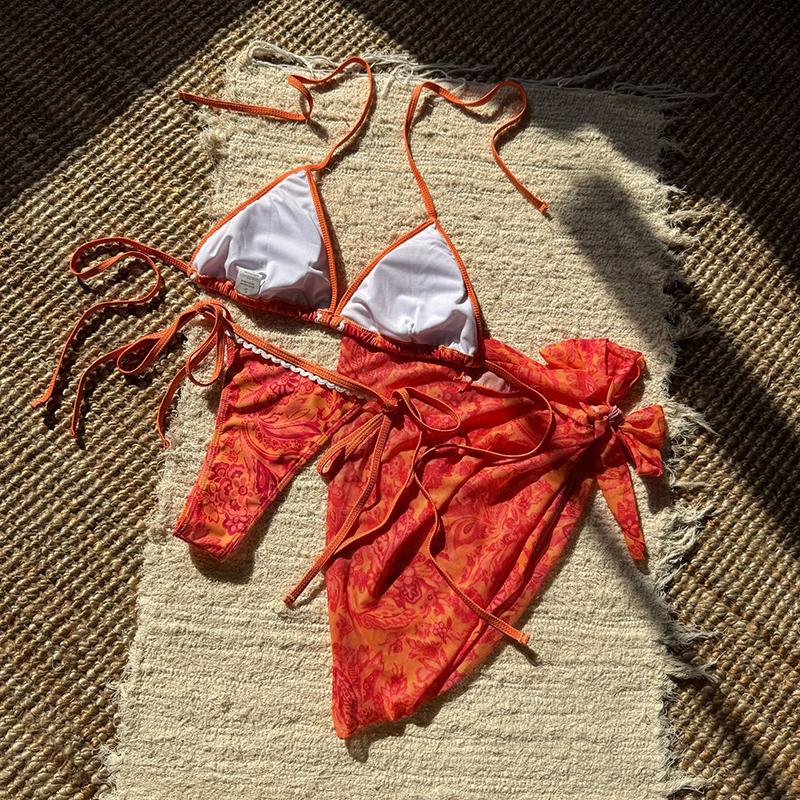 With Sarong Printed Halter Bikini Women Swimwear Female Swimsuit Three-pieces Bikini Set Padded Bather Bathing Suit Swim