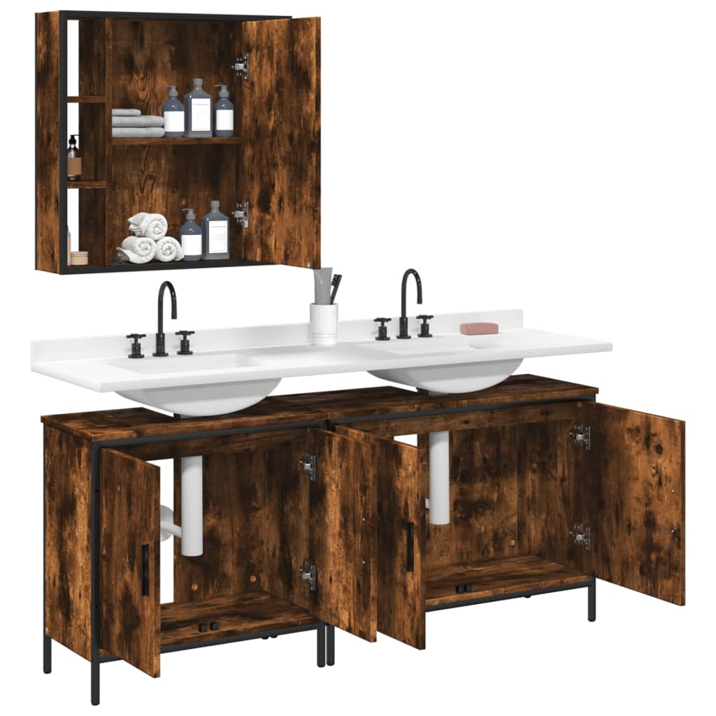 3 Piece Bathroom Furniture Set Smoked Oak Wood Based Material