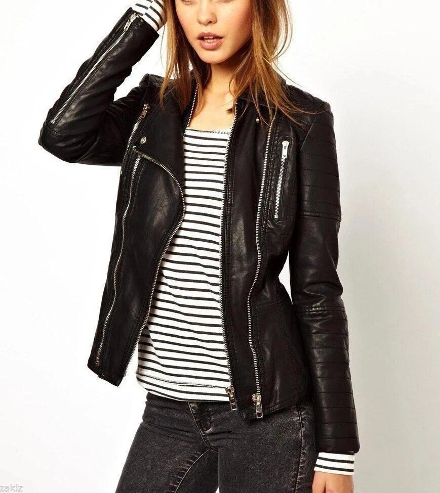 ГОРЯЧАЯ женская куртка из черной кожи ягненка, ручная работа, повседневная стильная байкерская одежда, мягкая