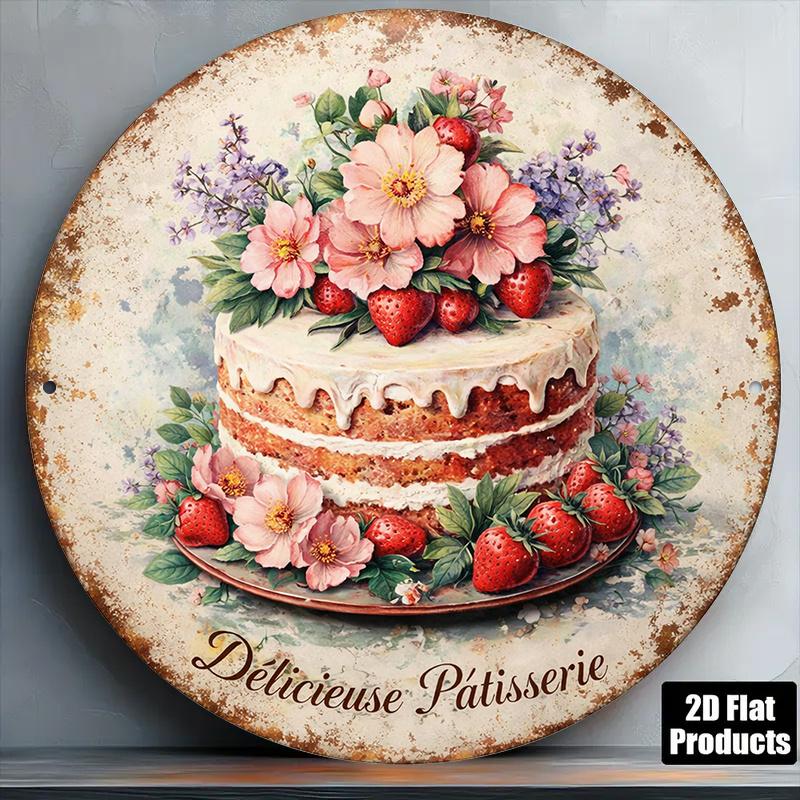 D Flat pc InXCm D Flat Round Sign Vintage Plaque about Strawberry Cream Cake Delicious Pastry Decorative Sign Su
