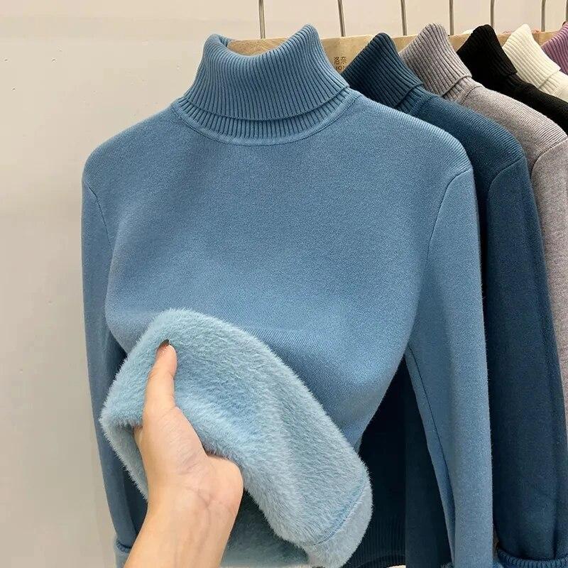 Winter Vintage Warm Thicken Sweater Women Korean Fashion Elegant Knitted Bottoming Shirt Female Solid Knitwear Casual Slim Tops 2024 New