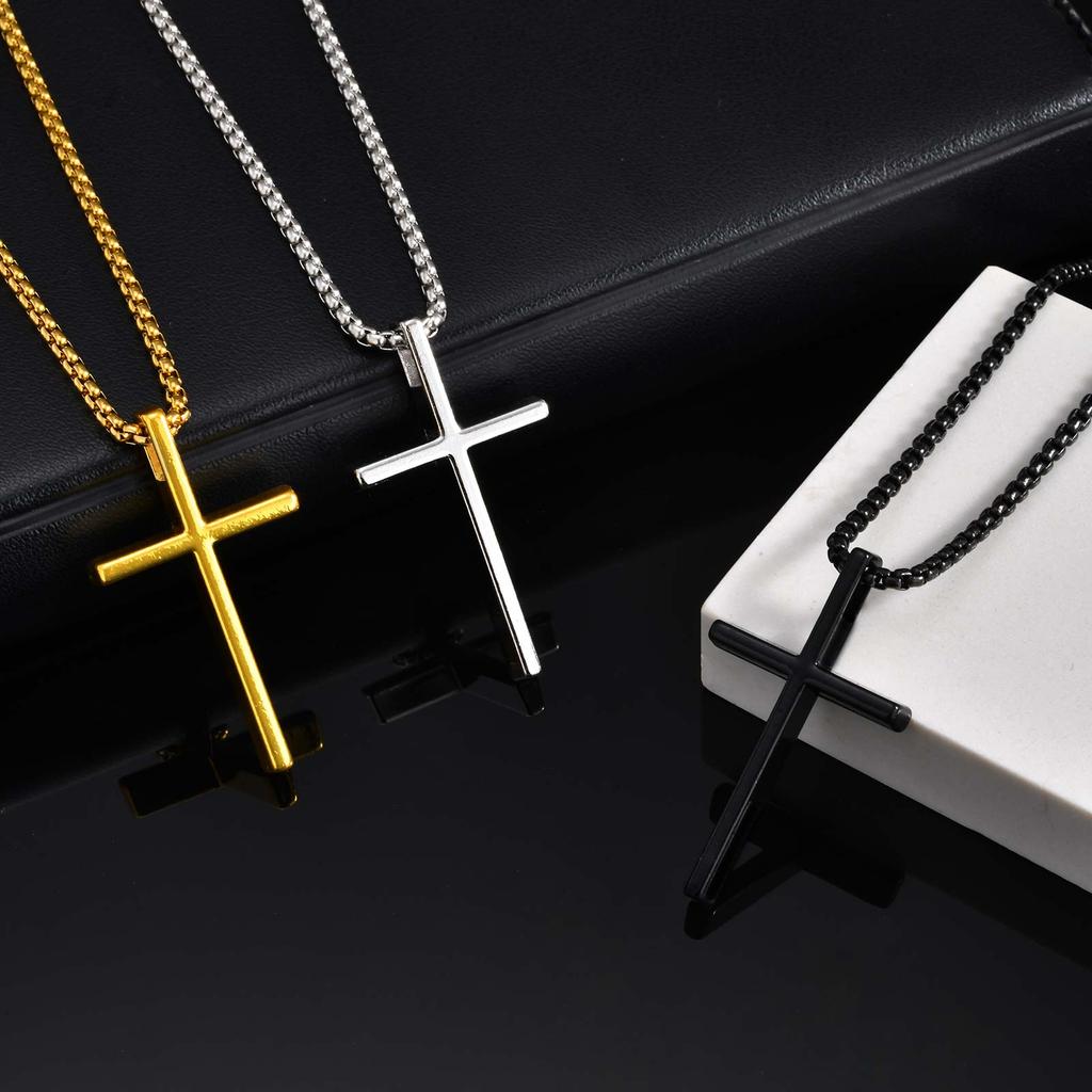 Stainless Steel Cross Pendant Necklace for Men Women, Unisex Simple Religion Necklace, Fashion Jewelry Chain Length 60cm/55cm