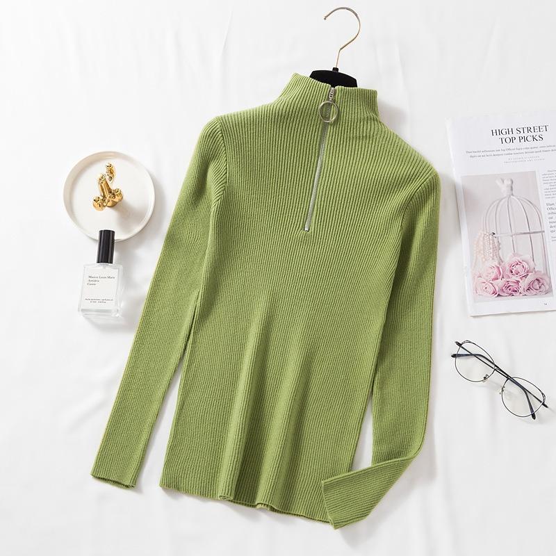 Autumn and Winter Half High Collar Zipper Knitted Sweater Women Fashion Long Sleeve Warm Base Women Sweaters Tops Solid Slim Pullover Knitwears 24966