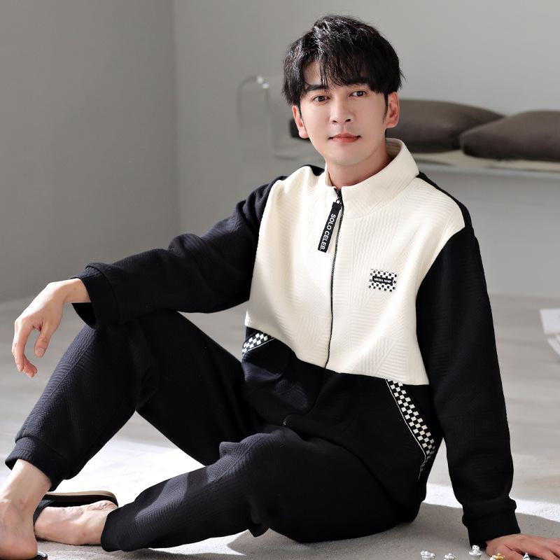 Пижама из воздушного хлопка мужская осенне-зимняя утолщенная хлопковая с длинным рукавом с промежуточным слоем мужской зимний тонкий стеганый комплект домашней одежды