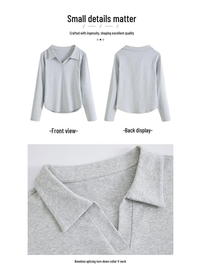 Women's Solid Color Long Sleeve T-Shirt with Turn-Down Collar and Curved Hem - Autumn 2025 Collection