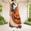 Women Plus Size Scoop Neck Sleeveless A Line Long Dress Halloween Bear Pumpkin Printed