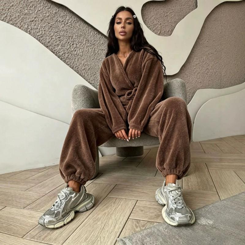 Womens 2-Piece Casual Set Cross V-Neck Tie Waist Top Lantern Jogger Pants Streetwear