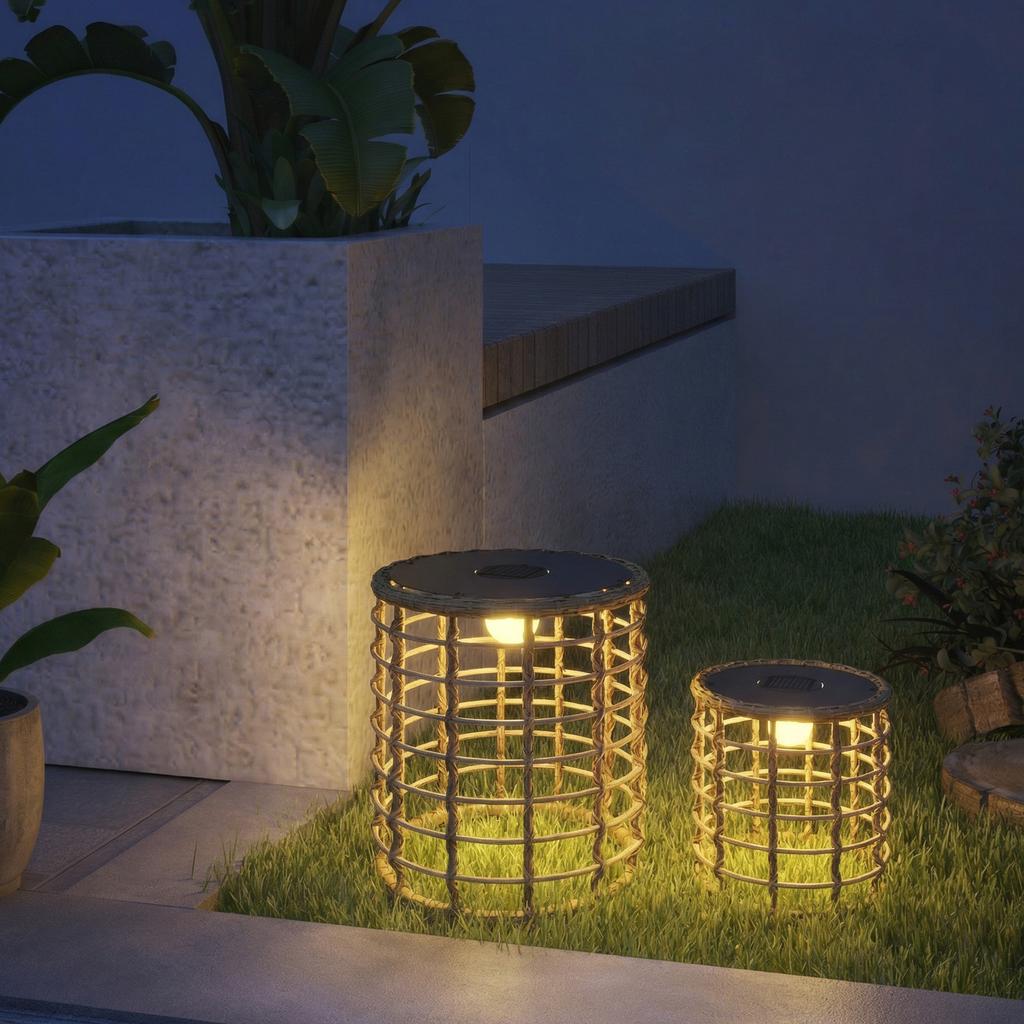 Solar Floor Lamp Set of 2, Rattan Solar Lamps with Light Sensor, LED Solar Light in Boho Style, IP44
