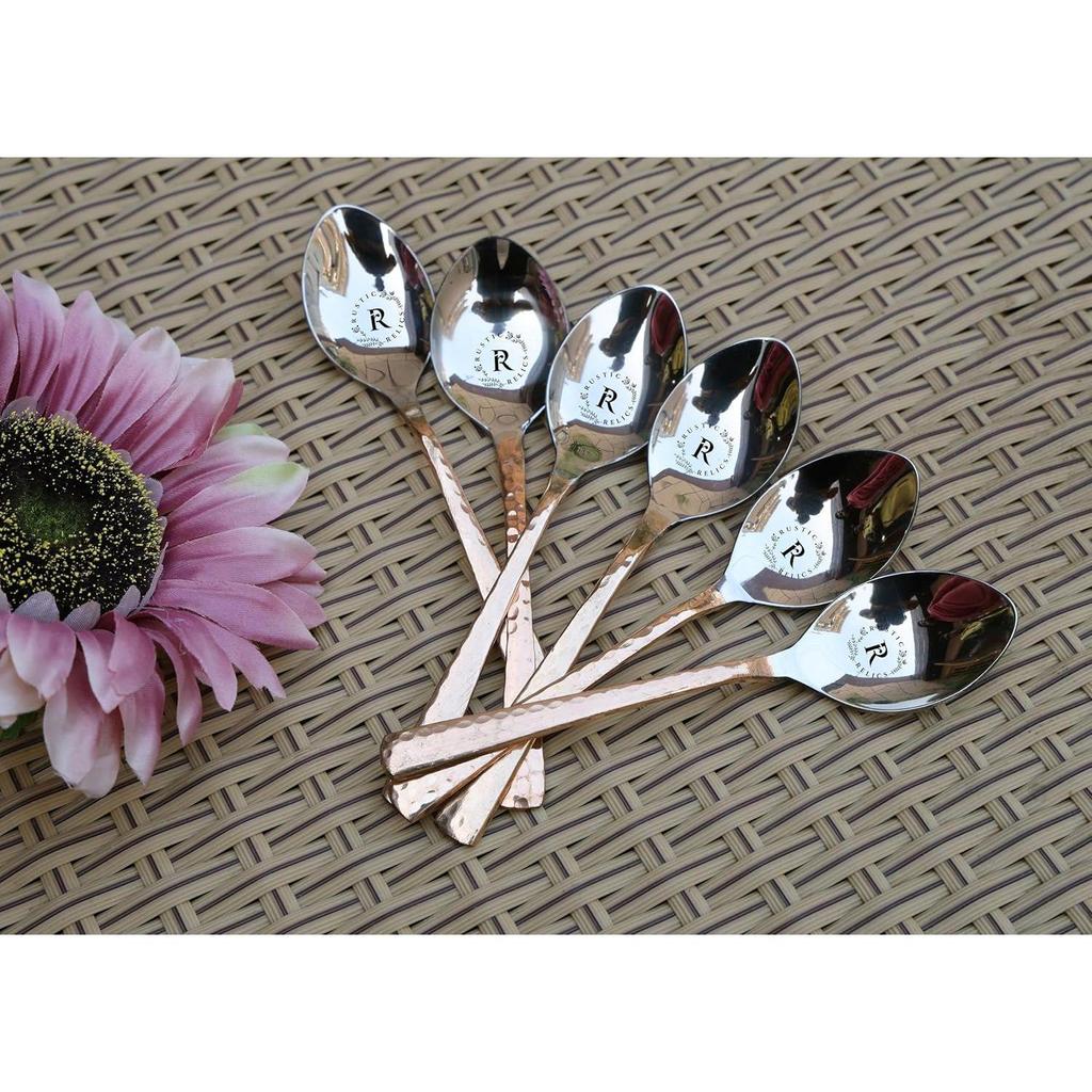 Copper Eating Spoon Stainless Steel Set - Pack of 6 | Metal Kitchen Dining and Cutlery | Steel and Copper Metalic Finish