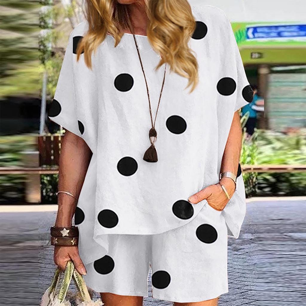 Women's Summer 2-Piece Casual Short Sleeve Round Neck Beach T-Shirt Top And Shorts Set Activewear