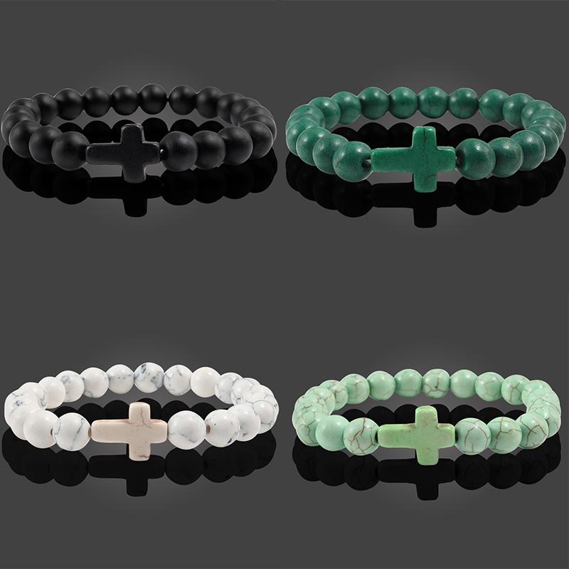 1PC Men Women Gift Cross Charm Beaded Bracelets Matte Bracelet Jewelry Handmade Natural Stone Prayer  Accessories