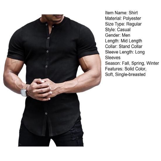 Мужская летняя рубашка с воротником-стойкой, однотонная, приталенная, с коротким рукавом, однобортный, мягкий дышащий кардиган, мужской топ средней длины