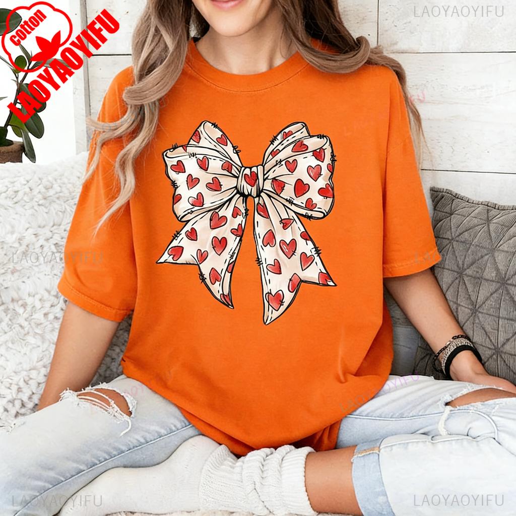 Valentines Day Heart Bow Coquette Bow Trending TShirt Novelty Gift for Girlfriend Crewneck Casual Style Printed Tshirt Tops