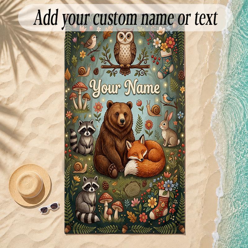Forest Theme Soft Beach Towel Personalized Custom Name Text Towel Portable for Beach Pool Travel