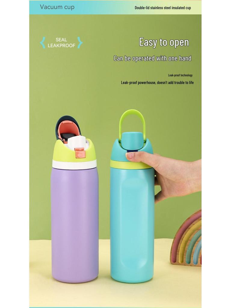 Double-Drink Lid Stainless Steel Insulated Sports Cup with Straw, Large Capacity, Flip-Top, Carry Rope
