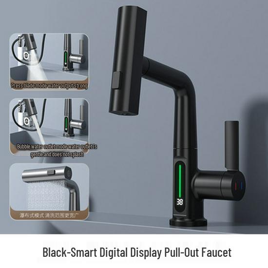 Rotating Brass Countertop Basin Faucet with Digital Display & Aerated Waterfall