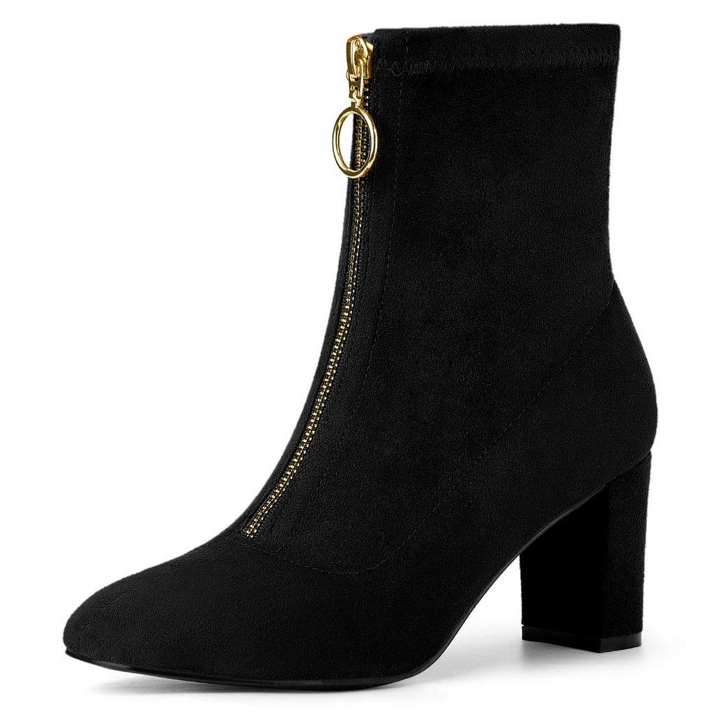 Allegra K Women's Chunky Heel Square Toe Ankle Boots, Front Zipper, Black, Size 27.5cm