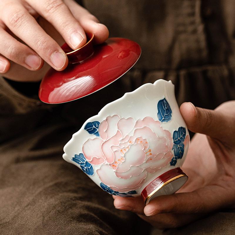 Hand-painted Relief Gold Peony Flower Lid Bowl Tea Cup Single High-end Kung Fu Tea Set Ceramic Tea Bowl with Lid