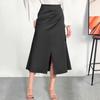 Yousheng High-Waist Women Skirt Solid Color All-Match Style Pleated Skirt Slimming Design Slit Design Zipper Hip Wrapped Midi Skirt