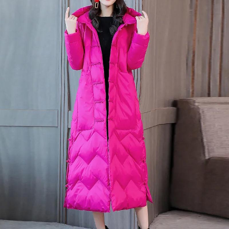 Women's Extra Long Retro Coat with Frog Button - New Version In White Duck Down, Chinese Ethnic Style