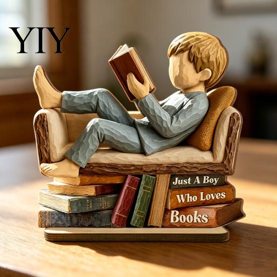 Durable Natural Wood Craft Woman Reading Book Wooden Plaque, Just A Girl/Boys Who Loves Statue for Unique Gift Avid Readers Shelf Desk, Personalized