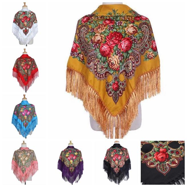 Хлопковый шарф в этническом стиле, женский платок на голову в стиле ретро, четырехсторонняя шаль с кисточками, квадратный шарф с цветком