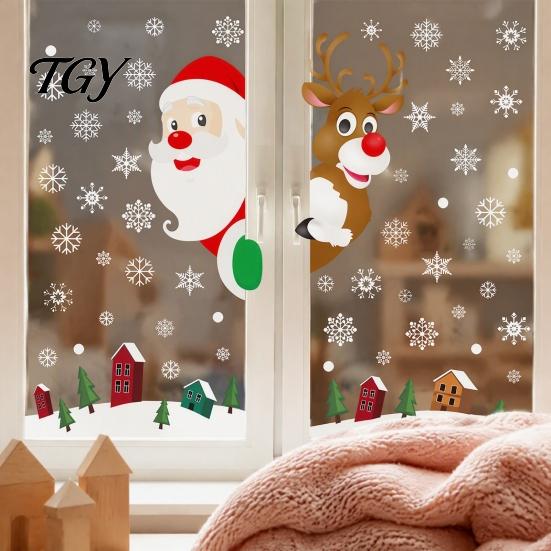 Holiday Party Supplies 4Pcs Christmas Santa Claus & Reindeer Static Window Clings with Snowflake, PVC Removable Decals, Stickers Reusable Glass