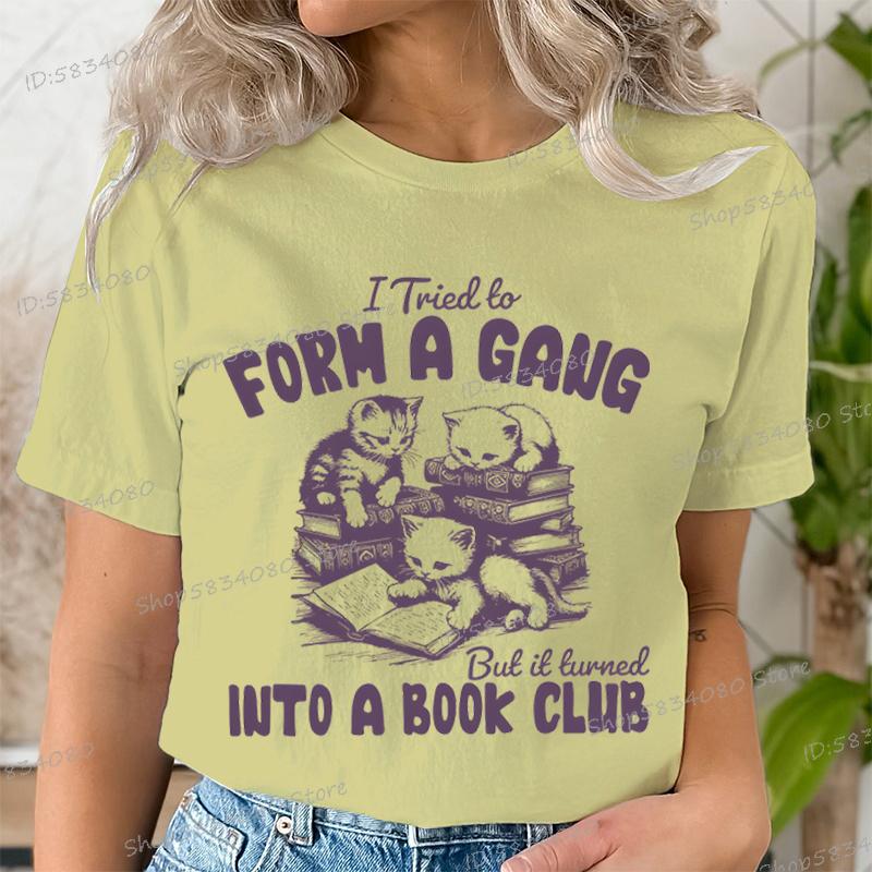 Retro Funny Reading Shirt for Women Into A Book Club Cat Graphic Tee Clothes Bookish Gifts Shirt Design Retro Librarian Tshirt