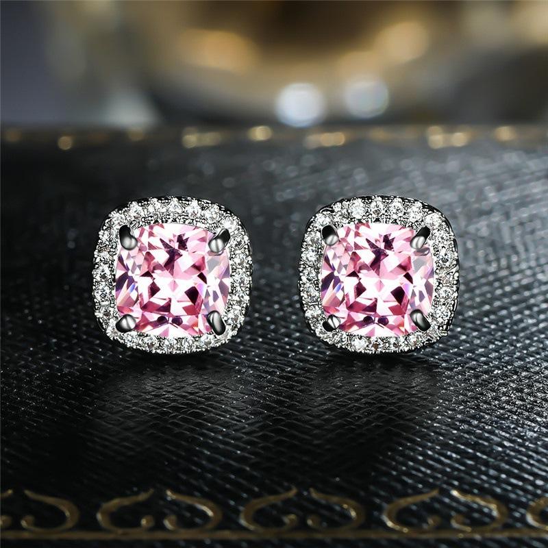 Classic Silver Color Blue White Green Opal Square Stone Earrings Multicolor Crystal Small Wedding Jewelry for Women