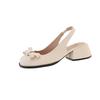 Fashion 2025 Beige Heeled Sandals Women's Female Shoe Square Toe Black New Open Block Girls Bow Comfort Summer Low Closed Casual Sandal