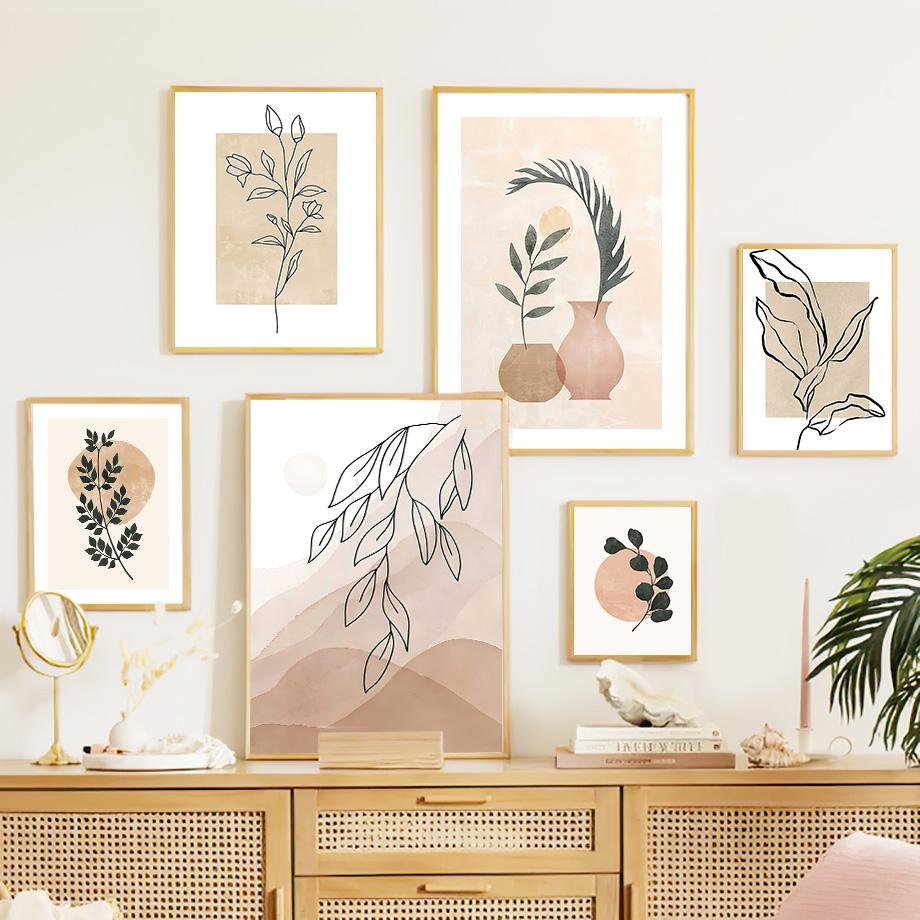 Beige Abstract Line Drawing Leaf Sun Natural Plant Boho Posters And Prints Canvas Painting Wall Art Pictures Living Room Decor