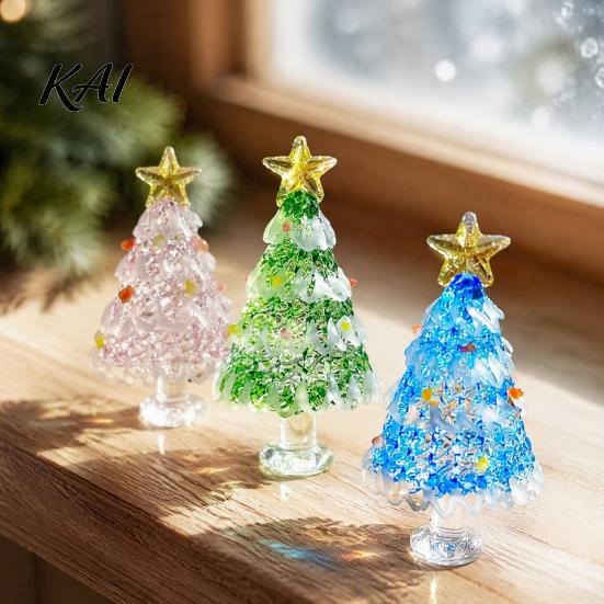 Holiday Desktop Decorations Hand Blown Glass Christmas Tree Figurine, Mini Tabletop Small Gifts Xmas Ornament, Handmade Decoration Handcrafted Art