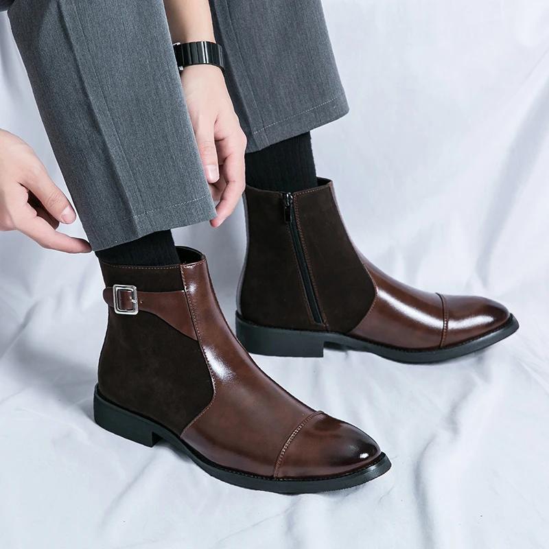 New Fashion Genuine Leather Chelsea Boots Handmade Man Pointed Dress Boots Slip On Mens Casual Shoes Side Zipper Men Ankle Boots