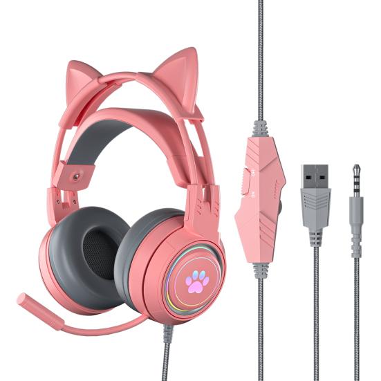 SY-G25 Wired Headphone RGB Lighting Omni-directional Mic Over-Ear Computer Headphone with Cute Cat Ear for E-sport