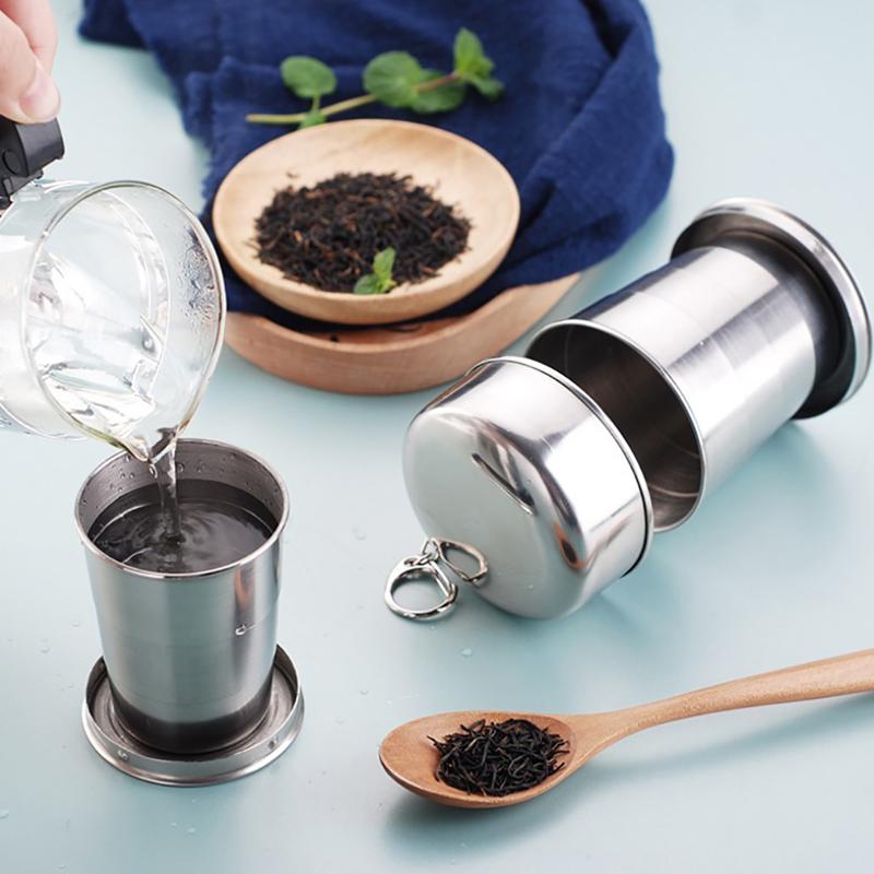 Stainless Steel Folding Cup With Keychain Portable Retractable Telescopic Cups