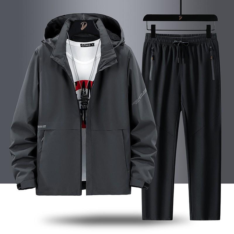 Mens Lightweight Hooded Outdoor Jacket Pants Set Hiking Trekking Fall Casual Sport Wear