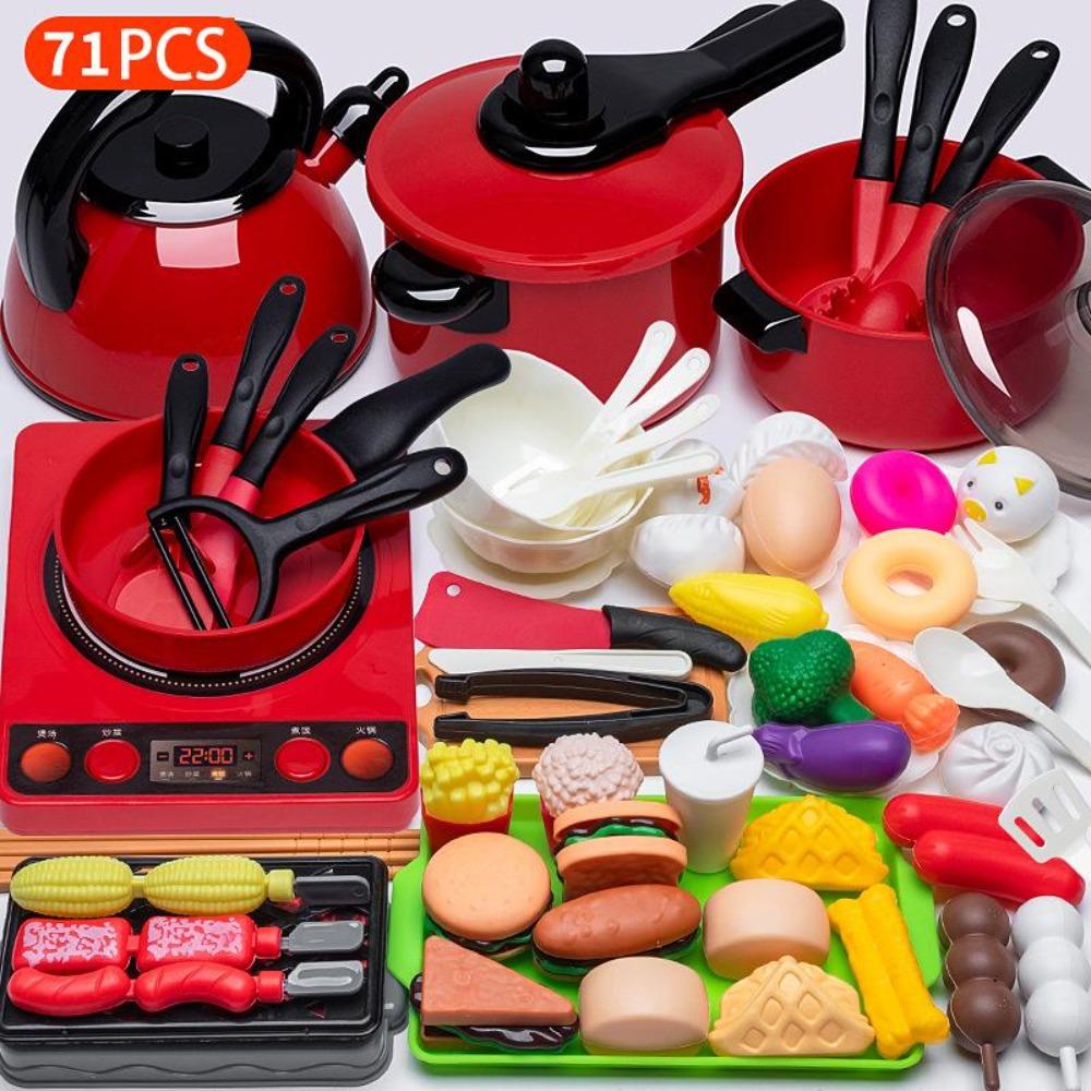 Kids Toys Pretend Play Red Kitchen Toys Simulation Food Cooking Girl's Boys Educational Play House Interactive Toys for Children