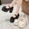 Thick Soled Shoes For Women In Spring And Autumn, Thick Heel, Shallow Mouth, Single Shoe, Bow Buckle, Women's Small Leather Shoes