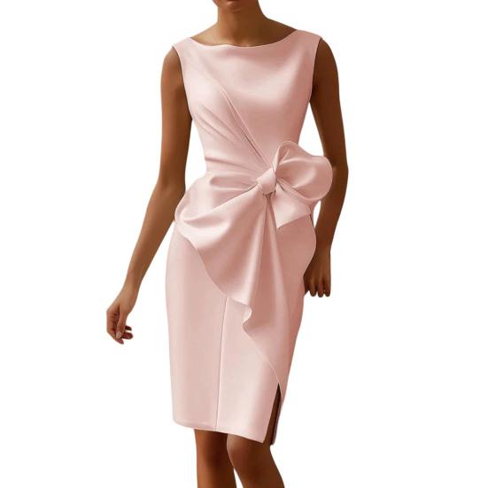 Женское приталенное платье без рукавов с драпировкой, бантом и разрезом сбоку, миди-платье, женское официальное коктейльное платье, платье для работы