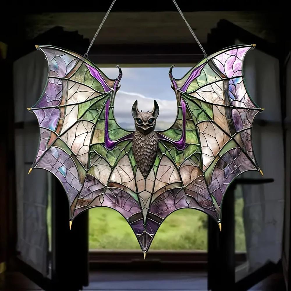 Gothic Bat Window Hanging Ornament Imitation Stained Glass Style Bat Hanger Pendant Gift