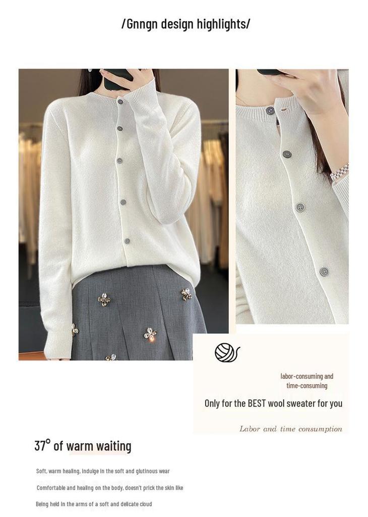 Women's Pure Wool Slim-Fit Cardigan: Warm, Thickened, Round Neck, Knitted Sweater for Autumn and Winter