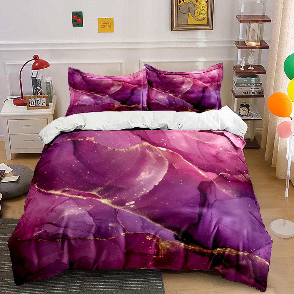 3Pcs Pink and Purple Alcohol Ink Bedding Set, Marble with Gold Foil Print Duvet Cover + 2 Pillowcases, Luxury Glam Decor