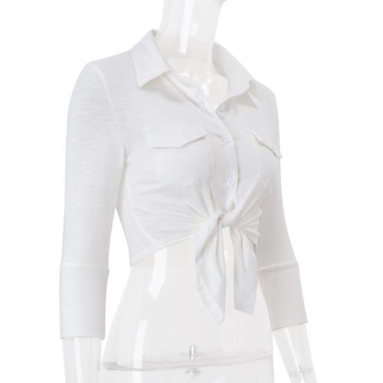 Женская рубашка Yousheng, белая, с длинным рукавом, с лацканами, с завязками на подоле, однотонная короткая повседневная одежда для офиса, отпуска, вечеринки, отдыха на открытом воздухе