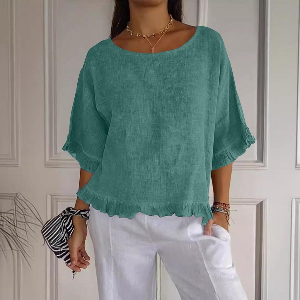 Women's' Fashion Solid Color Round Neck Short Sleeve Loose  Pullover Shirt Top