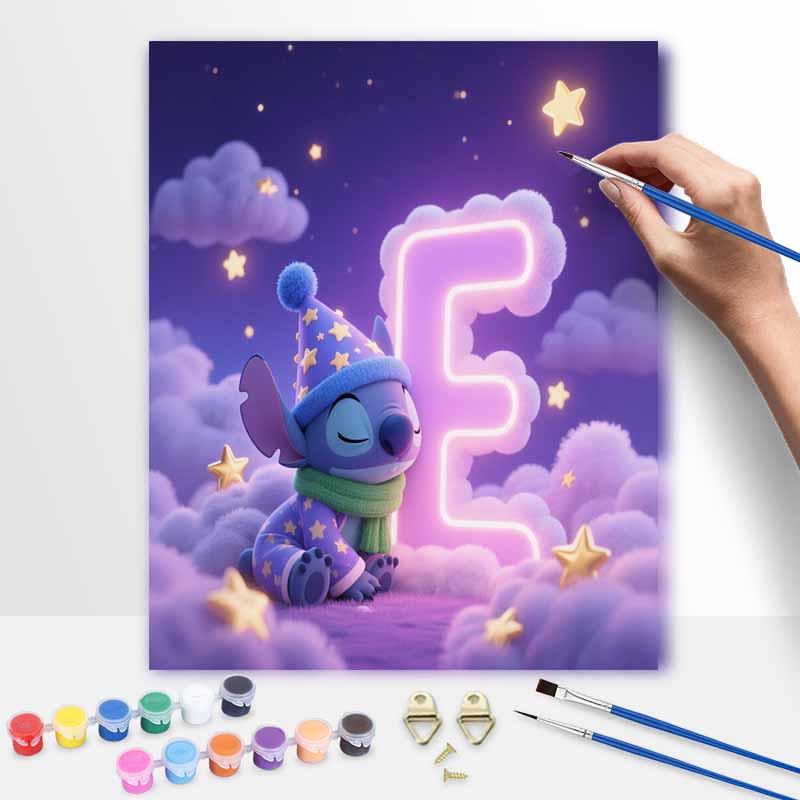Disney Stitch Sleeping Letter E oil painting art painting kit, handmade diy art painting home wall decoration, starry cloud bedroom decor