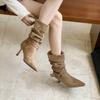 2025 Autumn and Winter New European and American Pointed Head Thin Heel High Heel Temperament French Fashion Suede Belt Buckle Short Boots