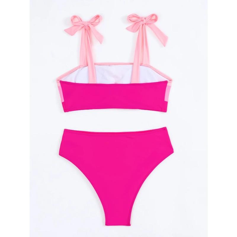 Sexy Tie Shoulder High Waist Bikinis Sets Two Pieces Pink Swimsuit Women Padded Swimwear Bandeau Brazilian Biquini Beach Wear