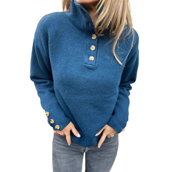 Women Pullover Sweater Stand Collar Buttons Half Placket Long Sleeve Knitting Tops Solid Color Loose Fit Casual Sweater